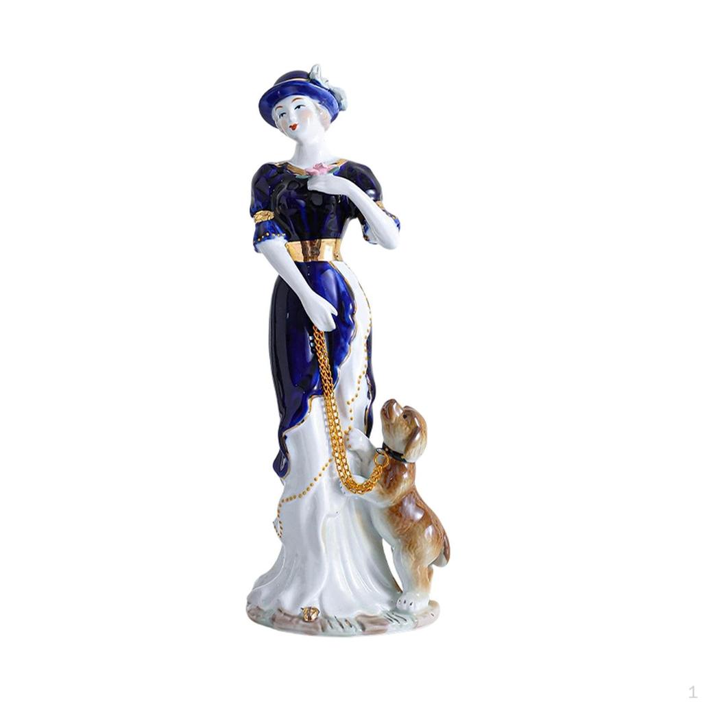Ceramic Lady and Dog Statue Girl Figurine Collection Elegant for Cabinet Living Room