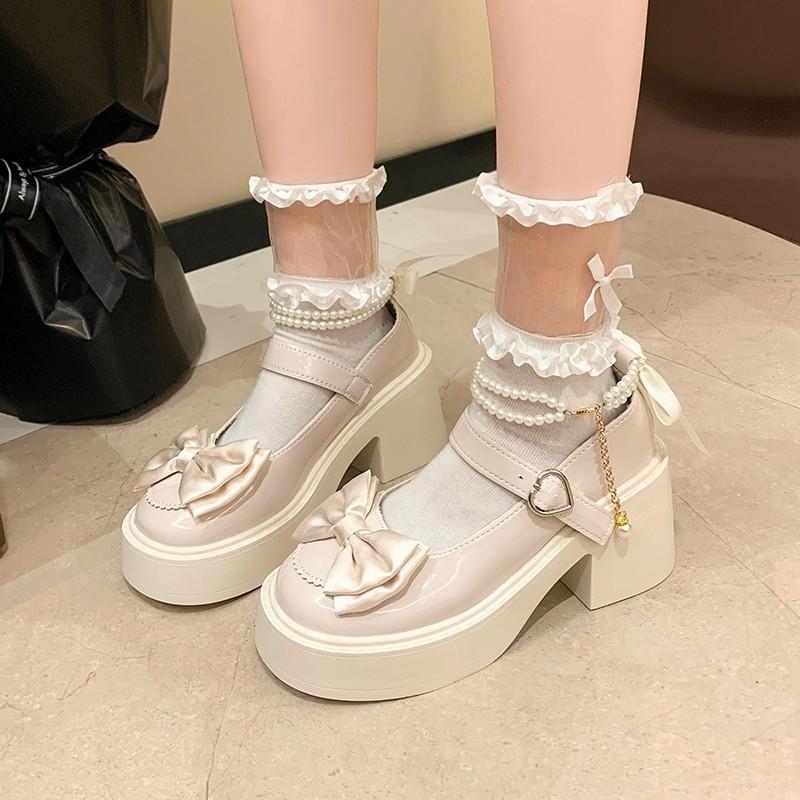 French Mary Jane small leather shoes women's 2025 new summer heightening bow with skirt thick heel high heel single shoes