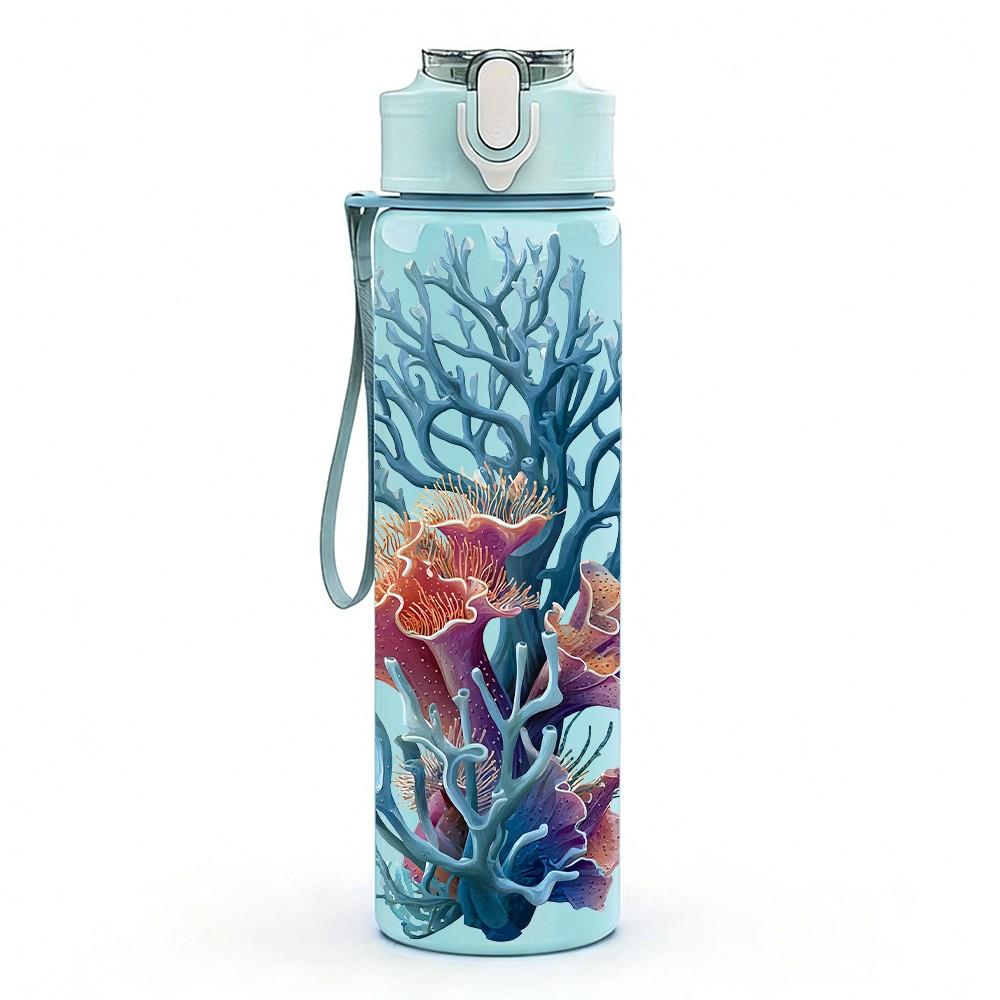 1PC Blue Coral Underwater Sea Plant 750ml Color Plastic Sports Water Bottle Leakproof Flip Straw Lid Suitable for Sports Office Home Use
