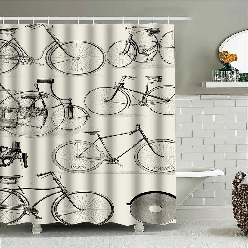 Vintage Bicycle Shower Curtain Waterproof Bathroom Decor With Retro Style Classic Design 3D Printed Black White Cycle Wall Hangi