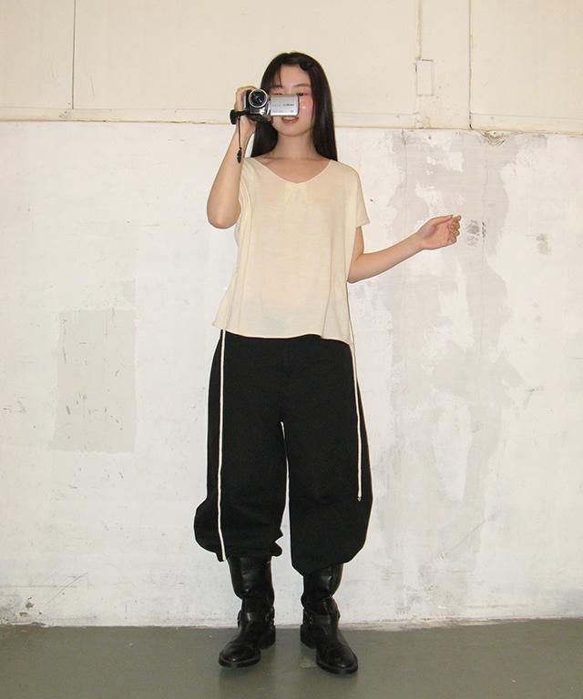 RONRON Drawstring Knot V Half Sleeve Knit Ivory