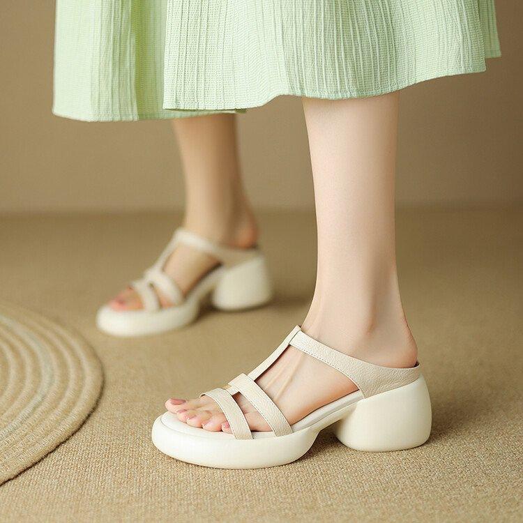 Soft leather high heels women's summer 2025 new versatile soft sole retro muffin thick bottom open toe thick heel sandals