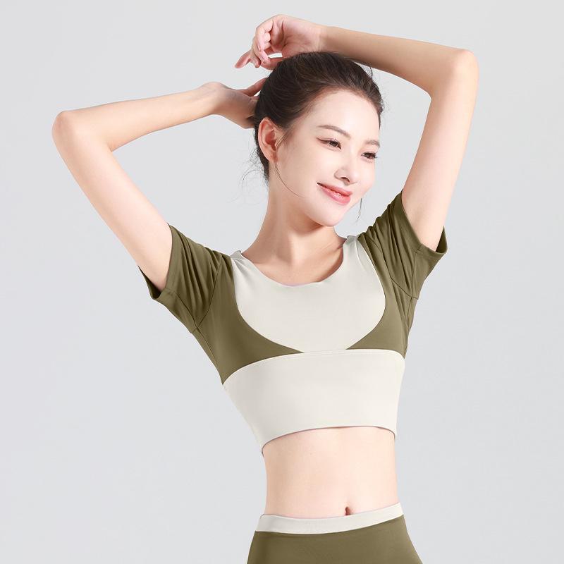 Juyitang Women's Short-Sleeve Color Match Yoga Top, Bra-Free, Navel-Baring Fitness Wear