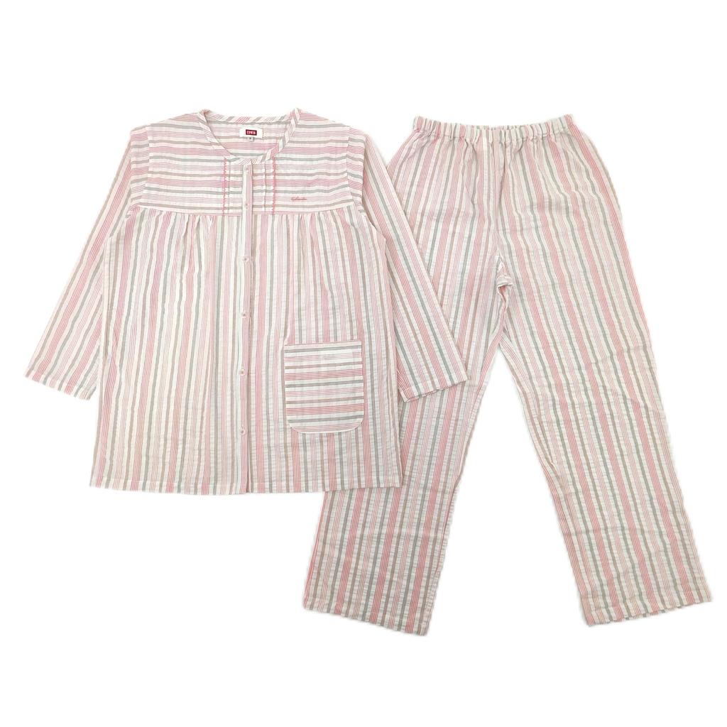 Takihyo EDWIN Long Sleeve Pajama Soccer Check and Stripe Shirt Pink Size L Women's Set, 100% Cotton, Pattern, Open-Front Pajamas, Stripe,