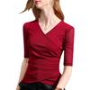 Mesh Base Shirt for Women Autumn New Women's Cross-neck Mid-sleeved T-shirt Five-quarter Sleeve Inner Top
