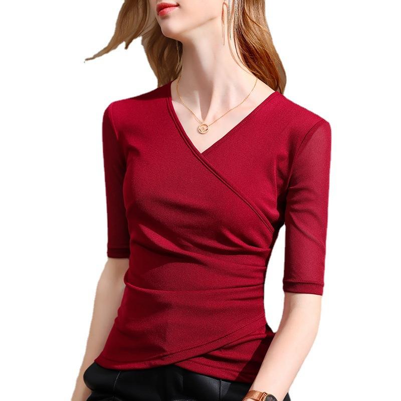 Mesh Base Shirt for Women Autumn New Women's Cross-neck Mid-sleeved T-shirt Five-quarter Sleeve Inner Top