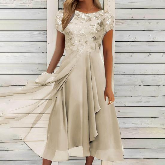 O-Neck Short Sleeve Waist Tight High-waisted Evening Dress Elegant Embroidery Lace Floral