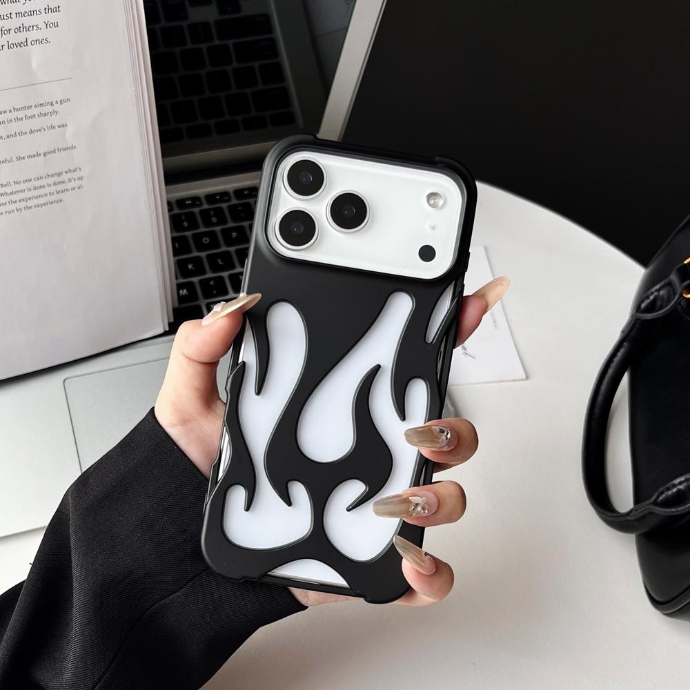 Hollow Case z Wzorem Płomieni 3D do iPhone 17 Air 16 15 14 13 12 11 Pro Max Plus Cienki Odporny na Wstrząsy Tylny Pokrowiec Modny Miękki TPU