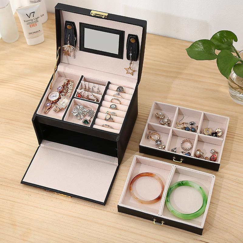 Three Layer Portable Travel Jewelry Box Jewelry Organizer and Display Box Earrings Necklace Ring Packaging box with Mirror