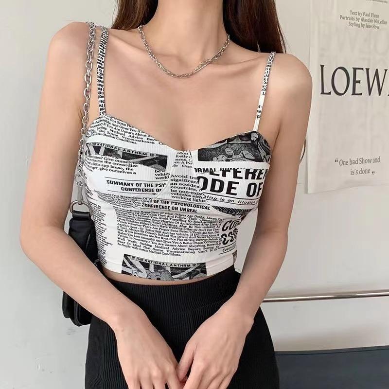 Women Push Up Camisole Padded Bra Sexy Top Suspender Tanks Fashion Printed Newspaper Female Soft Sleeveless Tube Tops