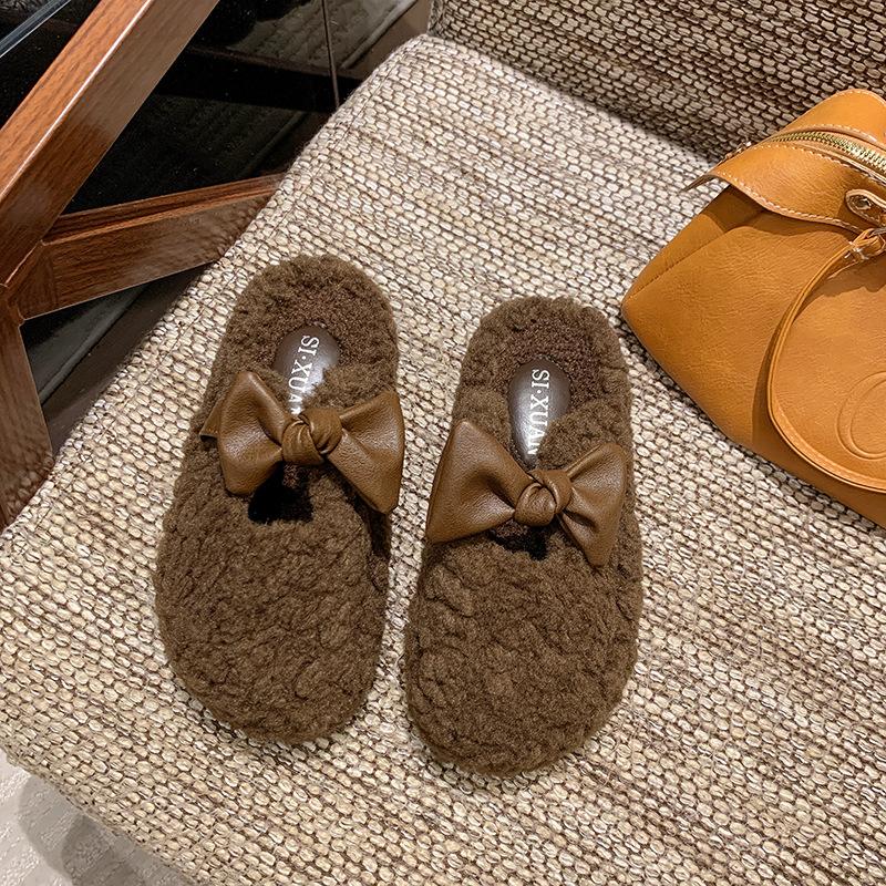 Bow Leopard Print Fluffy Shoes for Women's Outer Wear 2025 Autumn and Winter Sweet and Warm One-pedal Cotton Drag Velvet Bean Shoes