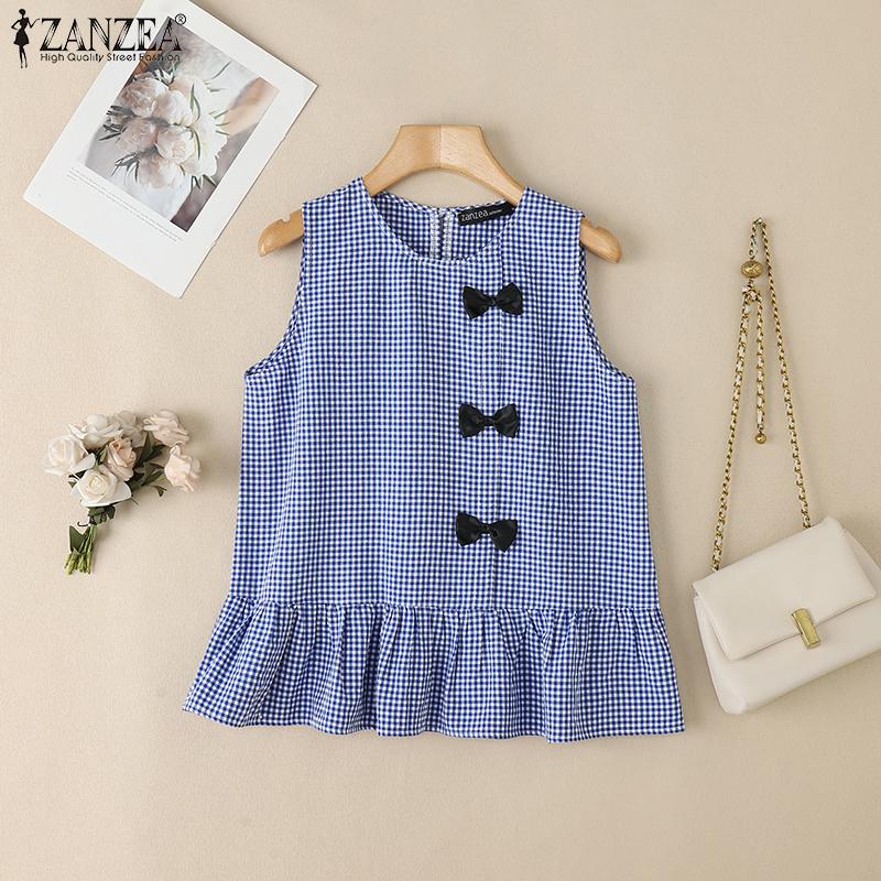 ZANZEA Womens Summer Round Neck Sleeveless Plaid Print Tank Tops