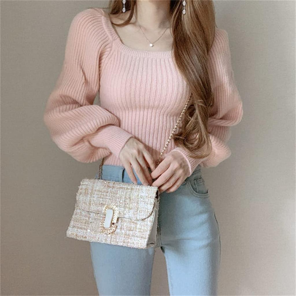 CREAM Knit Pullover Square Long Bubble Puff Solid Casual Everyday Korean Harajuku Elegant One Women's Sweater, Top, Neck, Sleeves, Sleeves, Sleeves,