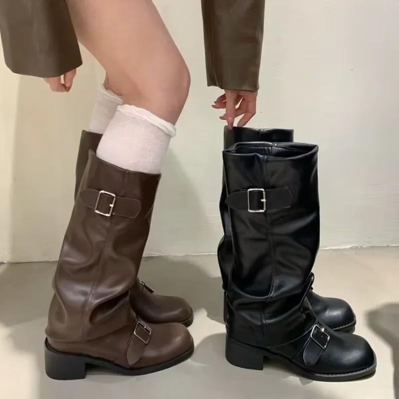 Fashion 2025 Woman Boots Knee High Platform Chunky Heels Trend Punk Gothic New Rock Leather Fashion Women's Shoes Motorcycle Footwear