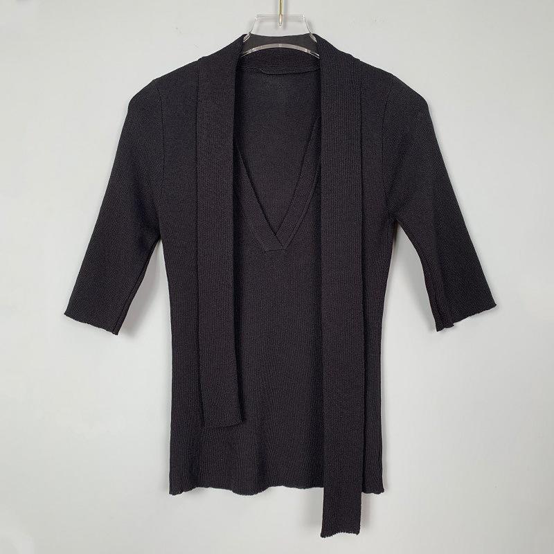 Koreanischer Dongdaemun Slim Fit Strickpullover mit halblangen Ärmeln und Schleifendesign für Damen