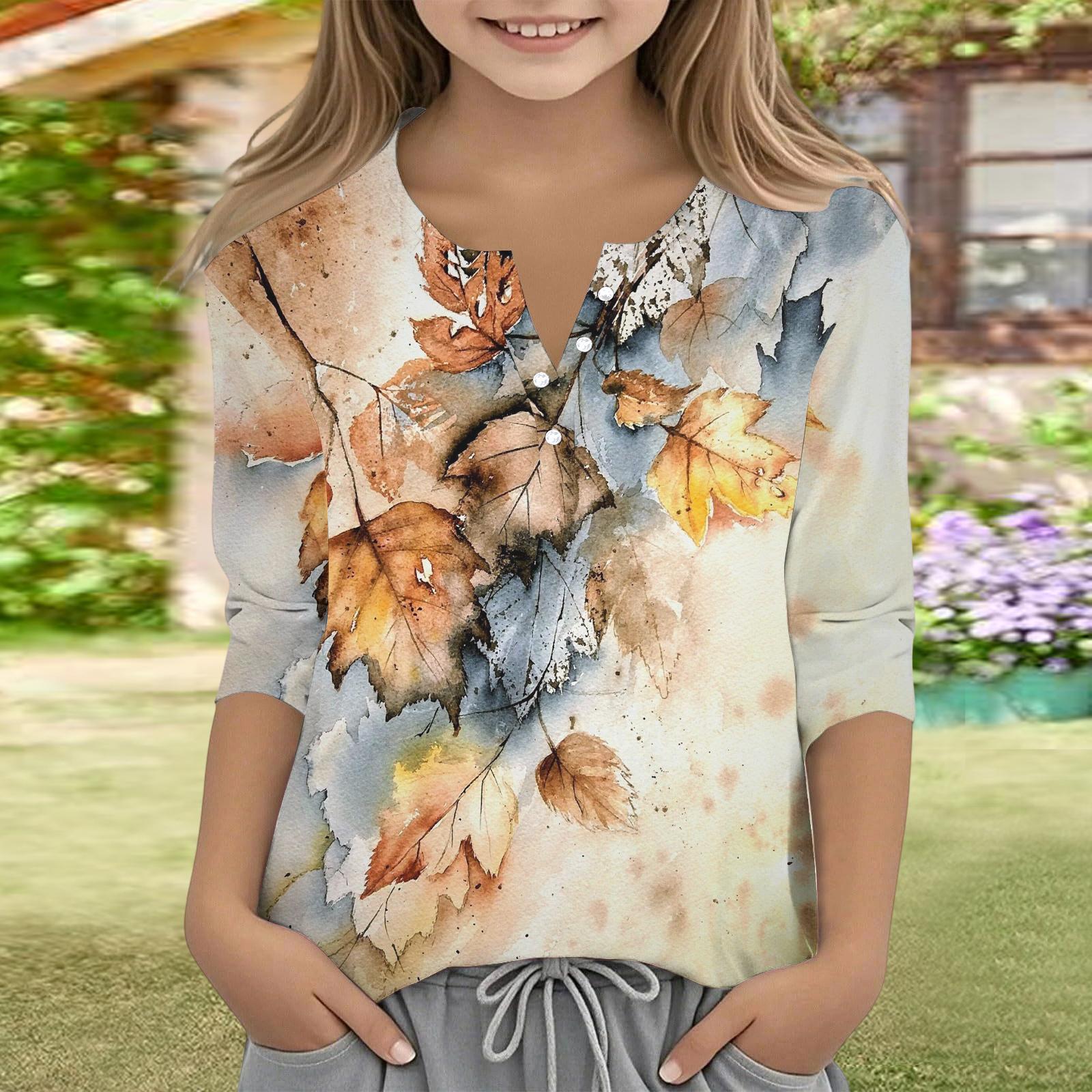 

Print Tops For Youth Girls V Neck Button 3/4 Sleeves T-Shirts Trendy Tops Outfit Tees 160 жовтий