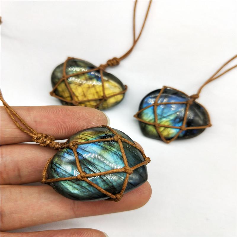 Labradorite Pendant Necklace Heart-Shaped Moonstone Pendant Vintage Hand-knitted Jewelry