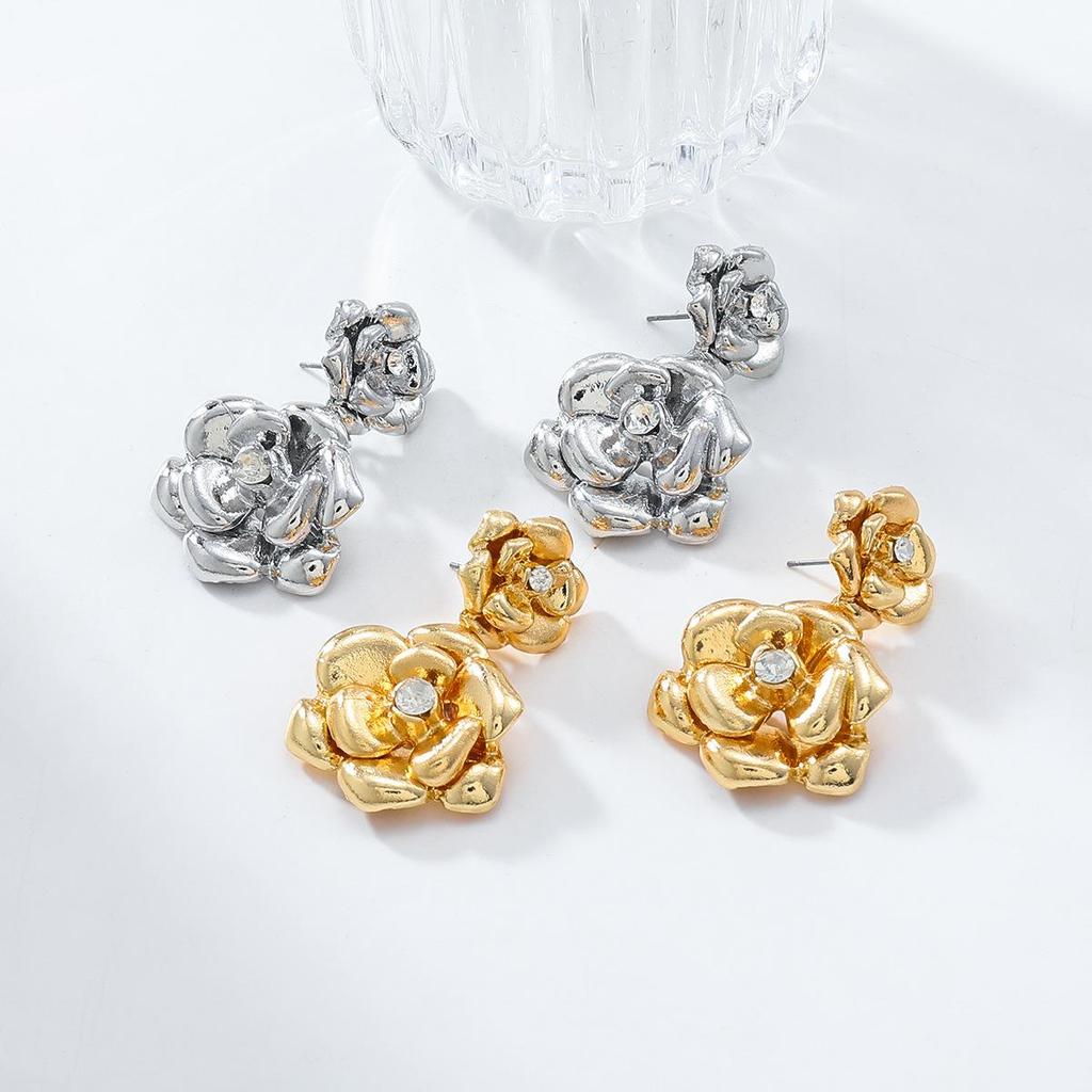 Pinkdudu Gold Plated Zinc Alloy Rose Stud Earring Exaggerated Trendy Earring Elegant Flower Earring PD2202