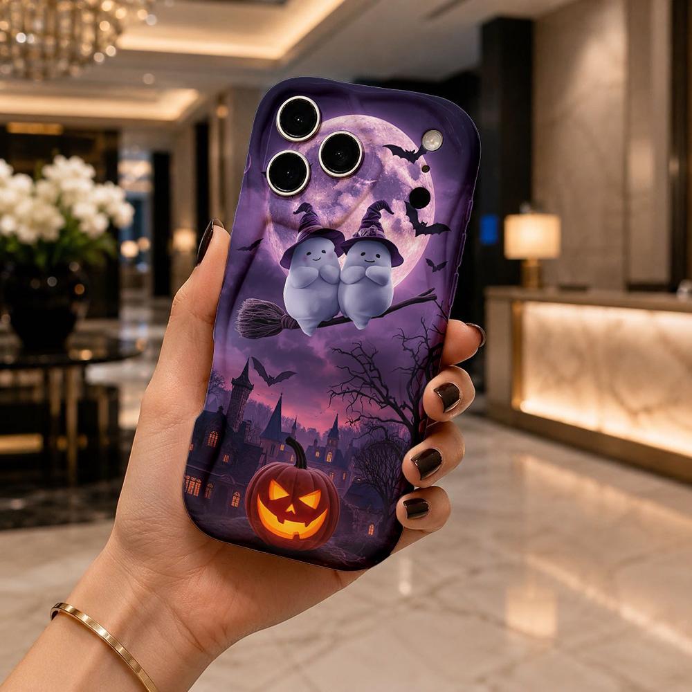 Halloween Cute Ghost Witch Broom Wavy Edge Phone Case For iPhone 16 15 14 Pro Max 13 12 11 Mini XR XS SE 2020 17 Air Cover