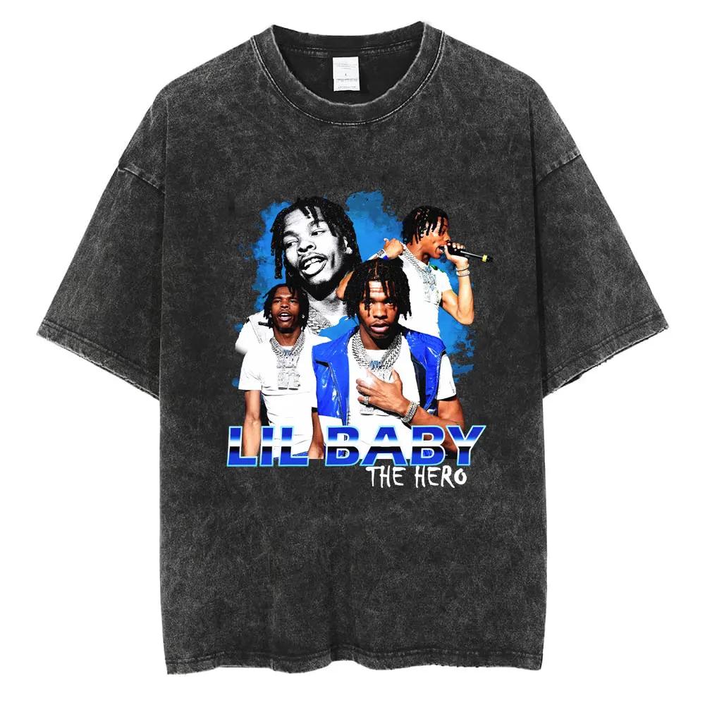 Rapper Lil Baby Wham World Tour Maglietta Lavata Vintage Uomo Donna Moda Casual Maglietta Retrò Hip Hop Magliette Oversize
