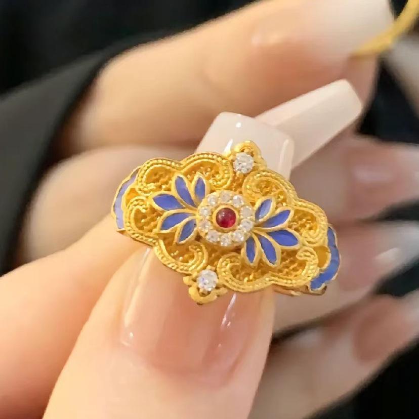 Enamel Craft Magnolia Adjustable Retro Chinese Style Women s Ring