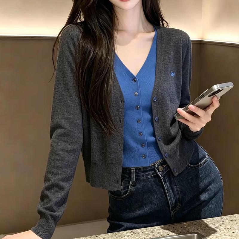 Zose Color-Block V-Neck Embroidered Knit Cardigan