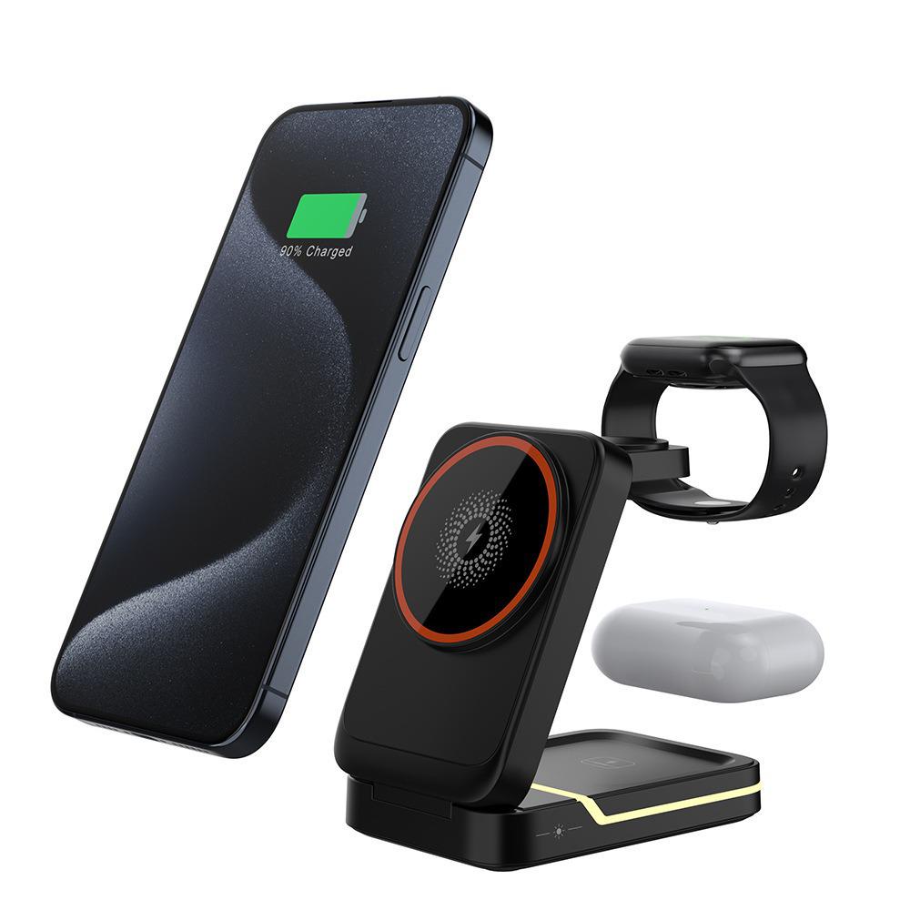 15W 3-in-1 Magnetic Wireless Charger Stand for Phone, Watch, Earbuds – Fast Charging, Portable, Foldable Desk Accessory