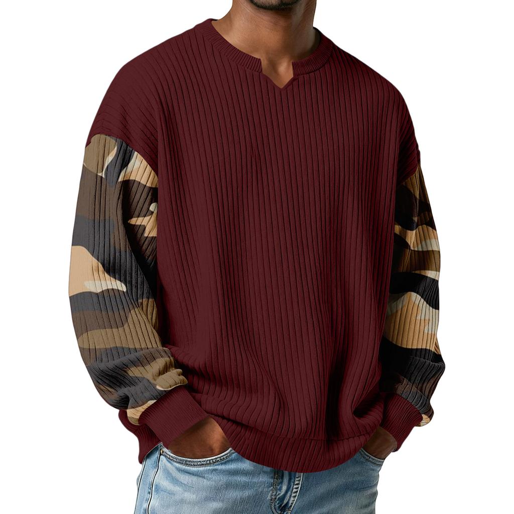 Herren Camouflage Stilvolles V-Ausschnitt Geripptes Strukturiertes Langarm-T-Shirt