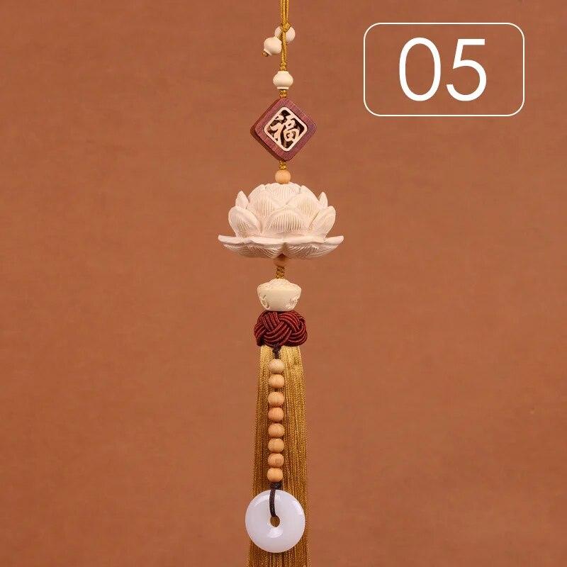 Chinese Style Lucky Fu Wooden Carved Lotus Buddha Statue Pendant Creative Gift Home Car Hanging Accessories Decor Auto Interior