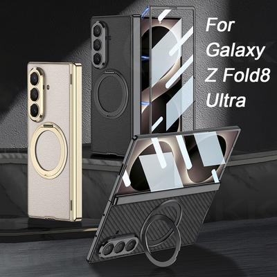 Magnetic Hinge Plating Leathe Case for Samsung Galaxy Z Fold 8 Ultra Wireless Charge Ring Holder Cover for Galaxy Z Fold8 Case