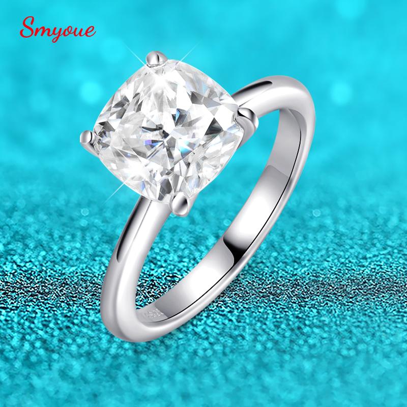 Smyoue 1CT 2CT 3CT 3.5CT 5CT Cushion Cut Moissanite Rings for Women Pass Diamond Test 925 Silver Wedding Band Ring Size: 4/2CT 7mm
