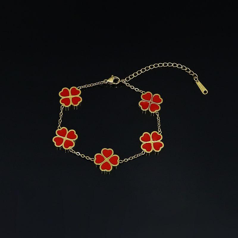Titanstahl-Armband mit vierblättrigem Kleeblatt und fünf Blumen, einfaches Edelstahl-Epoxidarmband für Damen, einlagiger Handschmuck für die Freundin