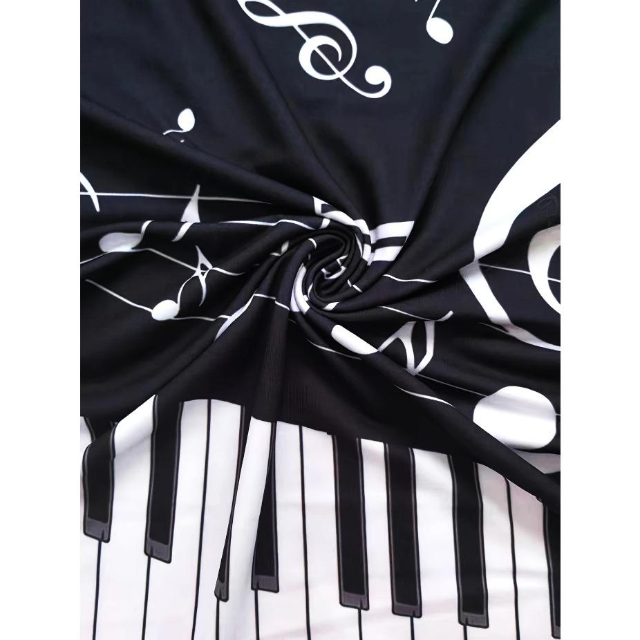 Music Note Print T-shirt, Short Sleeve O Neck Leisure T-shirt for Spring & Summer, Women's Clothing