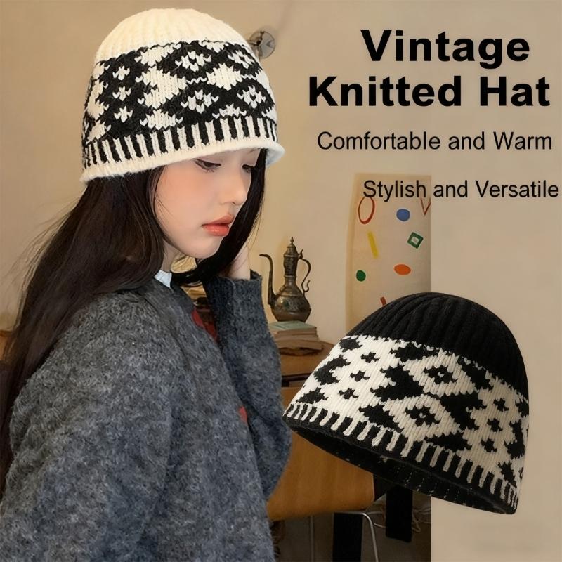Knitted Pullover Hat for Winter Warmth Soft Wool Rhombic Pattern Hat for Women Men Unisex Fashion Styling Headpiece