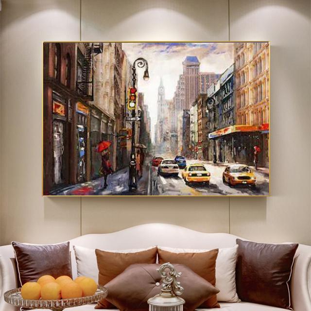 Solid Wood Frame Rain City Street Scenery Paris Canvas Painting Landscape Red Tree Yellow Car Pictures For Living Room Wall Art Decor