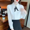 Fashion New 2024 Autumn Long Sleeve Bow Turn Down Collar Office Lady White Chiffon Blouse Shirt Women Tops Blouses Shirts  J506