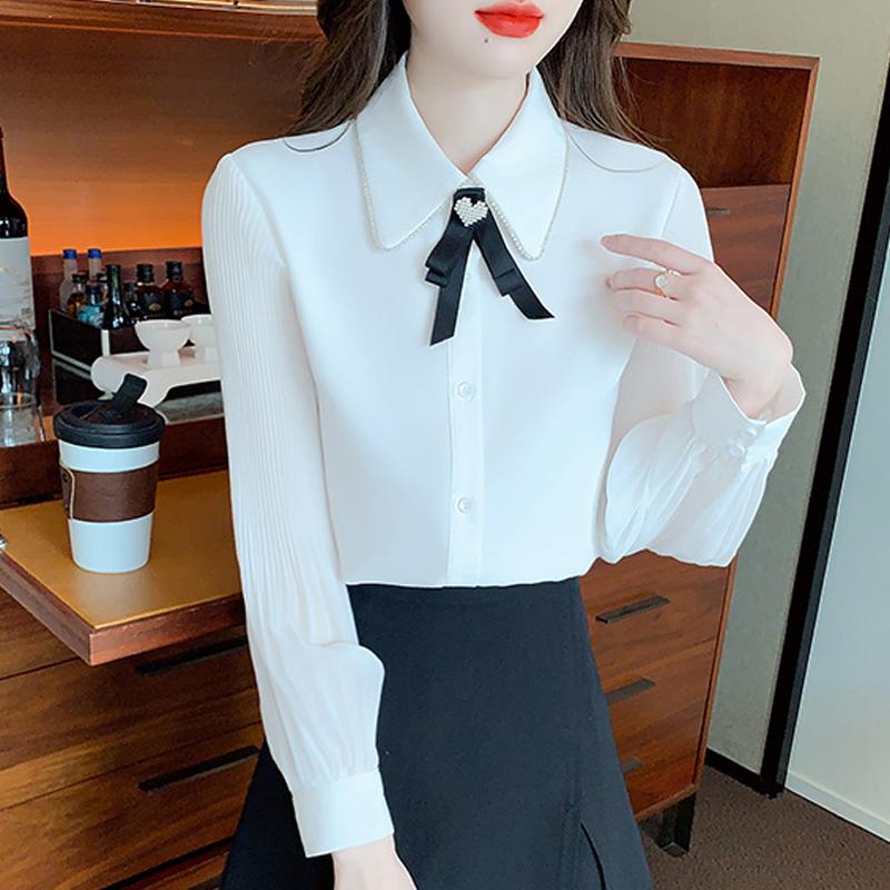 Fashion New 2024 Autumn Long Sleeve Bow Turn Down Collar Office Lady White Chiffon Blouse Shirt Women Tops Blouses Shirts J506