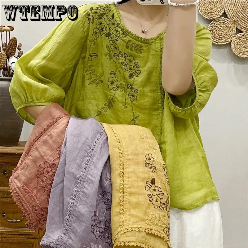 Summer Women's Round Neck Embroidered Cotton and Hemp T-shirt Short Sleeve Shirt Large Size Artistic Embroidered Casual Top