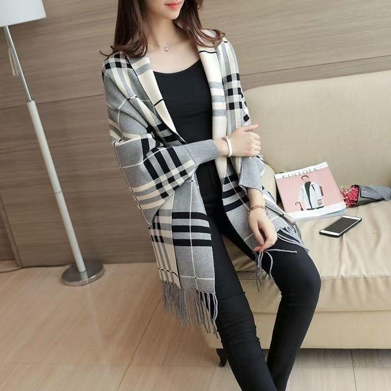 New Shawl Korean Trendy Sweater Women Spring Autumn Winter Knitted Bat Shaped Shirt Cloak Jacket Plaid Cardigan
