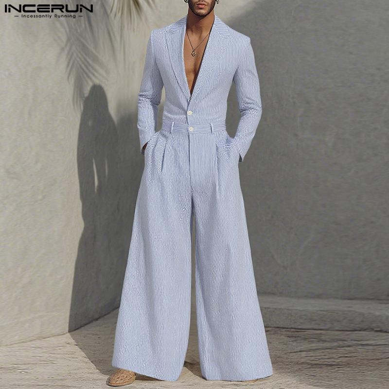 INCERUN Oversized Men Lapel Neck Long Sleeve Striped Loose Long Rompers Jumpsuits