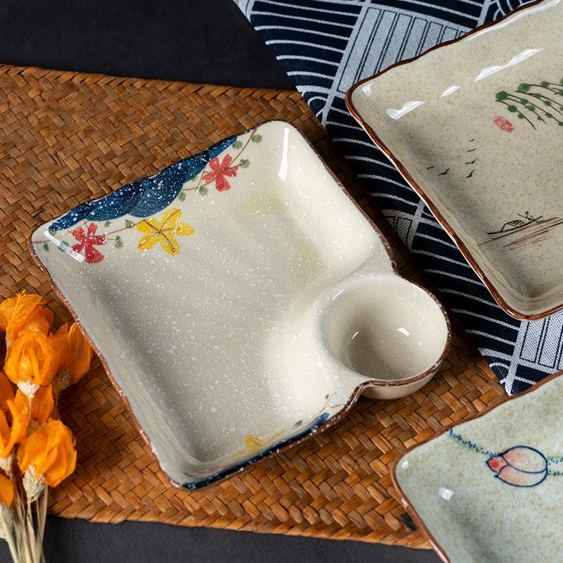 Handmade Japanese Ceramic Dinner Plates with Sauce Dish Sushi Plates Unique Glazed Pottery Plates Artisan Tableware