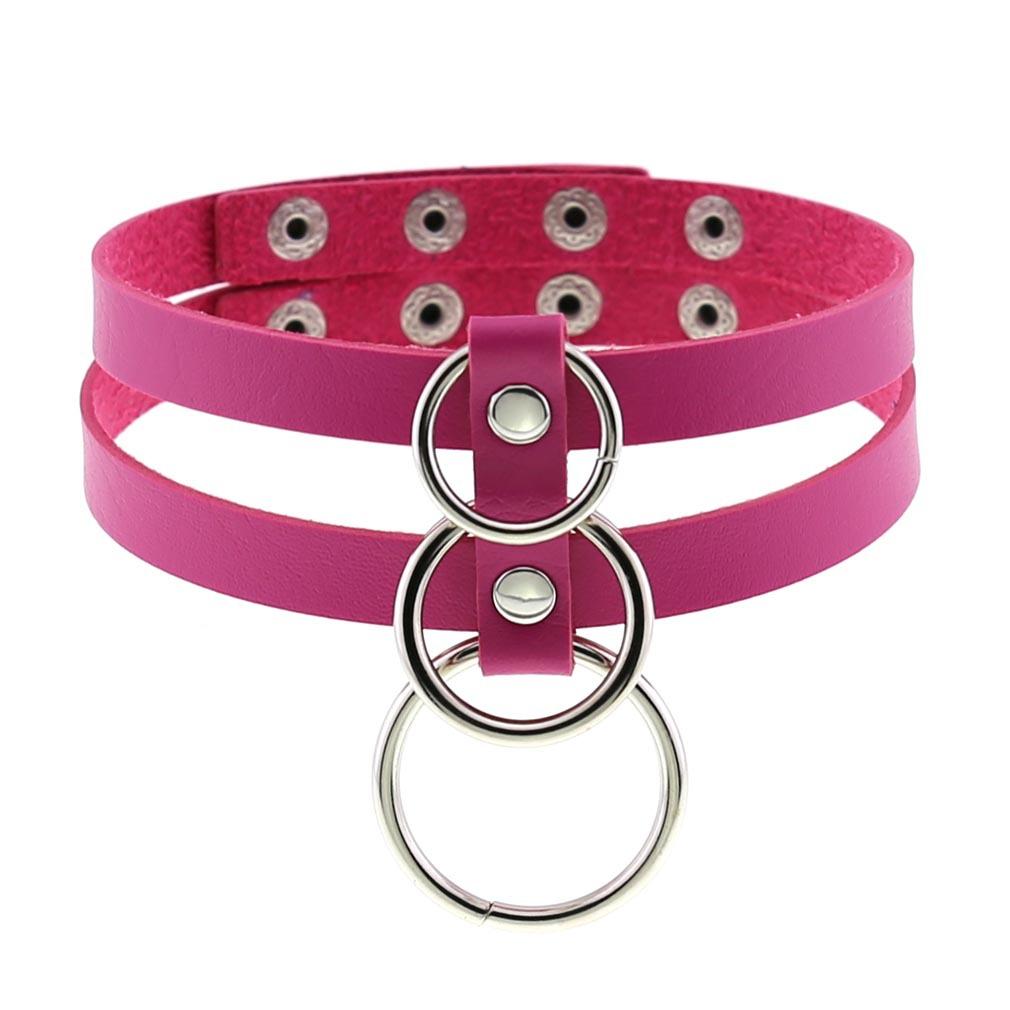 Double Row O-Ring Choker, Punk Two-Row Circular Ring Snap Button Leather Necklace