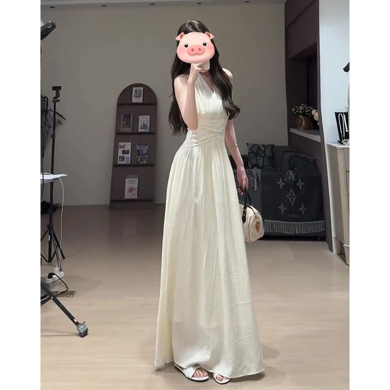French Temperament Slim Fit and Thin Neck Dress Women's Summer New Waist Holiday Style Sleeveless Long Dress