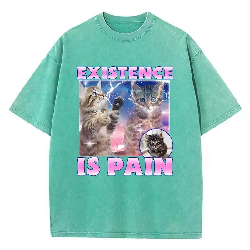 Existence Is Pain Cat T Shirt Vintage Washed 100% Cotton T-Shirt Graphic Tee Casual Streetwear for Spring Summer Fall
