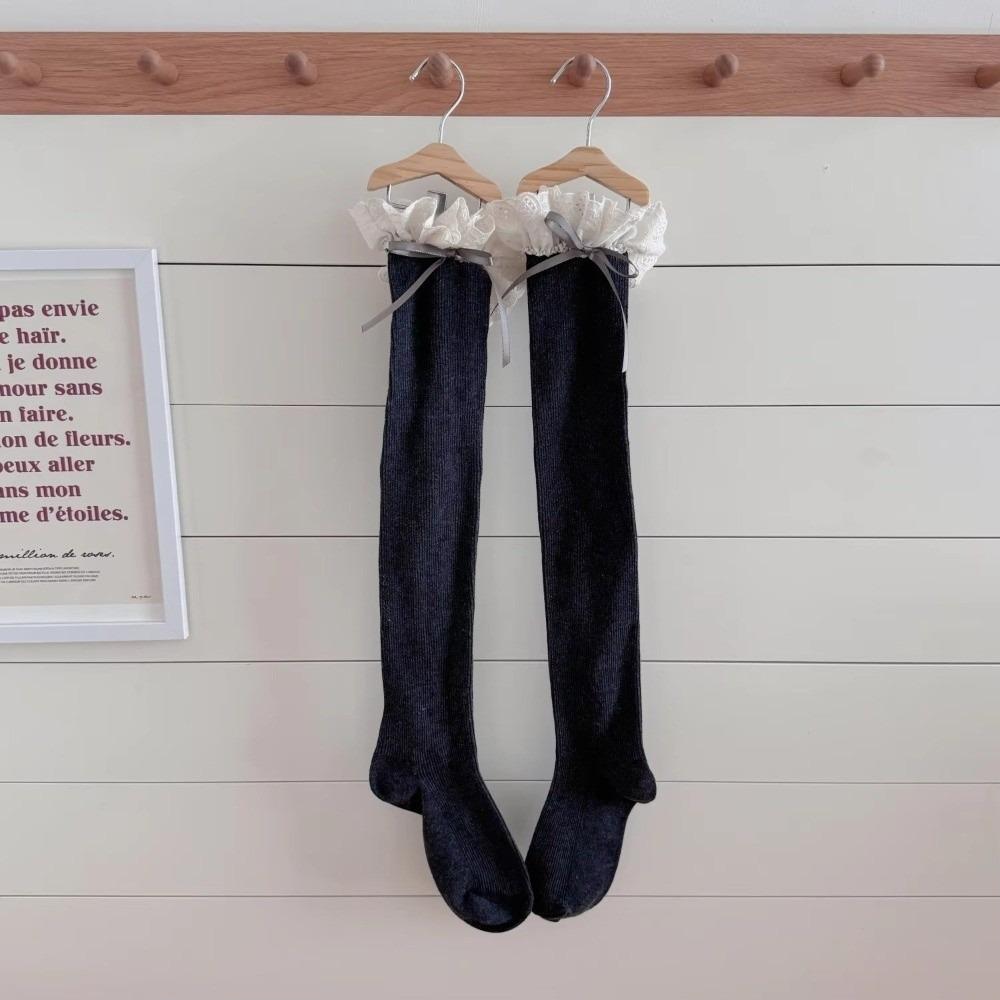 Vertical Strips Lace Stockings Ribbon Bow Ribbon Bow Stockings Warm Over Knee Socks For Women