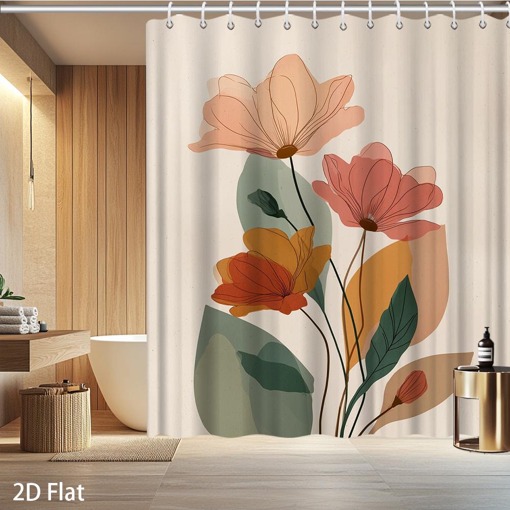 1Pc Modern Floral Shower Curtain – Pink Orange Red Leaves, 2D Flat Print, Mildew-Resistant Polyester, 72"X72", W/12 Hooks