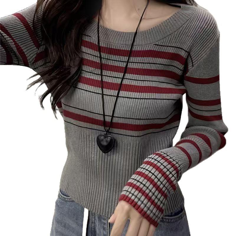 Grey Striped Crew Neck Front Shoulder Long Sleeve Design Sense Niche Knitted Sweater Women's Autumn Short Bottom Shirt Inner Top