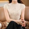 Maglia lavorata a maglia con pizzo, lana pettinata, maniche corte, da donna, estiva, collo mezzo alto, traforata, versatile, snellente, T-shirt a maniche corte, top