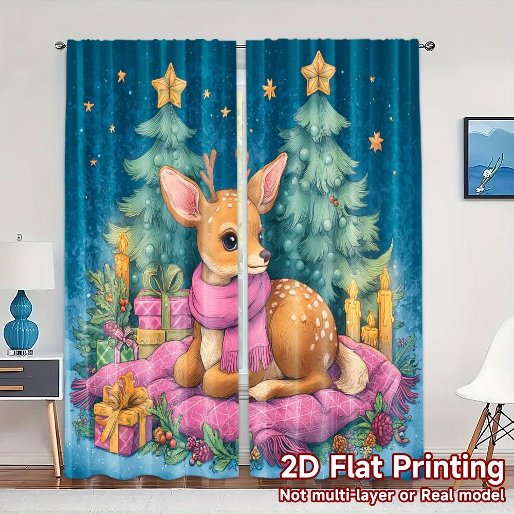 

Flat Printing Jit Curtains Without Rod Cozy Deer Christmas Minimalist Durable Polyester Curtain Set Of 2 Modern Made Washable W100*H70(CM)-Rod Pocket&2PCS
