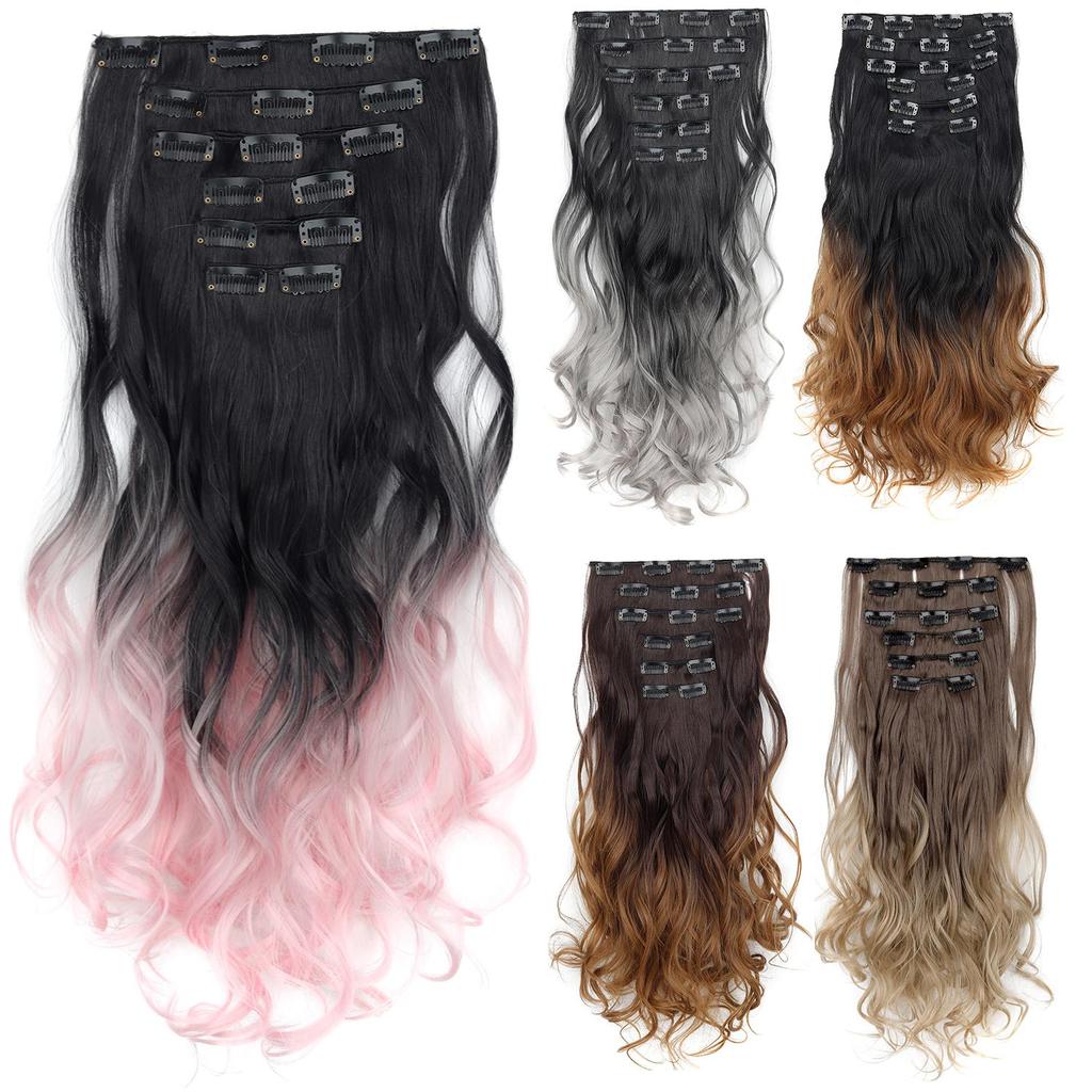 6PCS Set Hairpiece Clip In Hair Extensions Long Wavy Hair Full Head Brown Ombre Gradient Color Natural Look